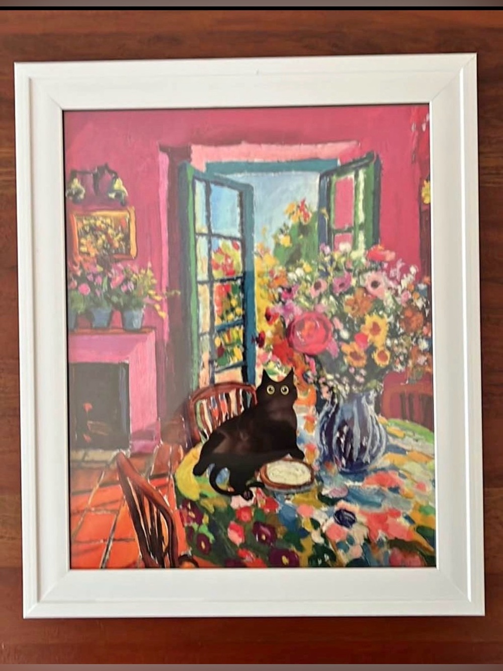 Breakfast with Cat Framed 8x10 Floral Interior Print with Black Cat